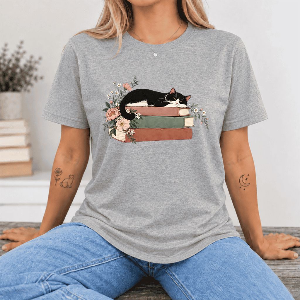 Sleeping Tuxedo Cat On Books Ultra-Soft Cotton T-Shirt | Cat Lover Reader Gift Athletic Heather