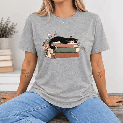 Sleeping Tuxedo Cat On Books Ultra-Soft Cotton T-Shirt | Cat Lover Reader Gift Athletic Heather
