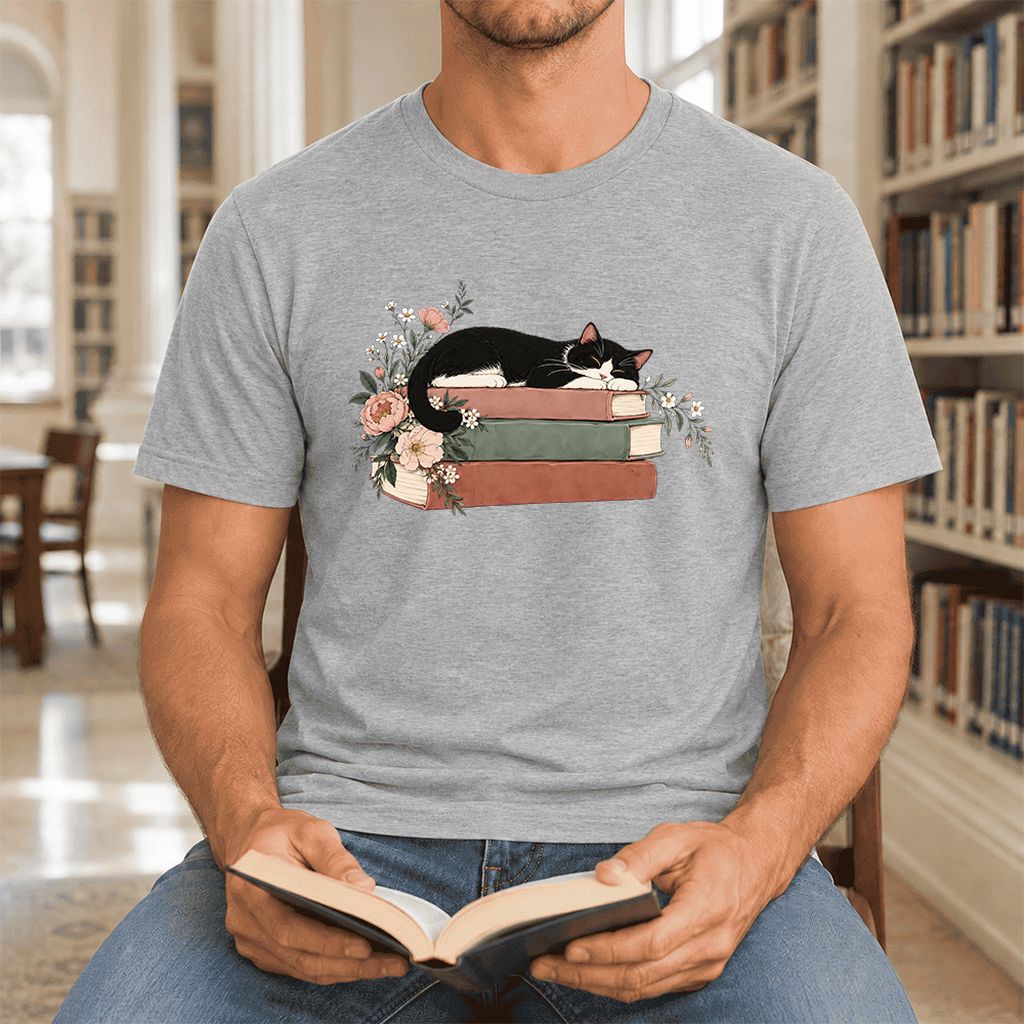 Sleeping Tuxedo Cat On Books Ultra-Soft Cotton T-Shirt | Cat Lover Reader Gift Athletic Heather