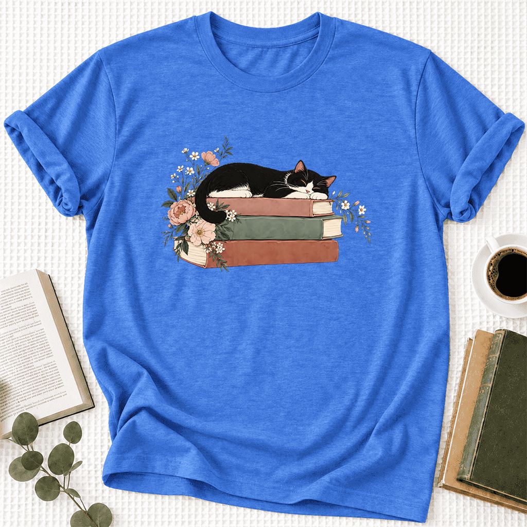 Sleeping Tuxedo Cat On Books Ultra-Soft Cotton T-Shirt | Cat Lover Reader Gift Heather True Royal