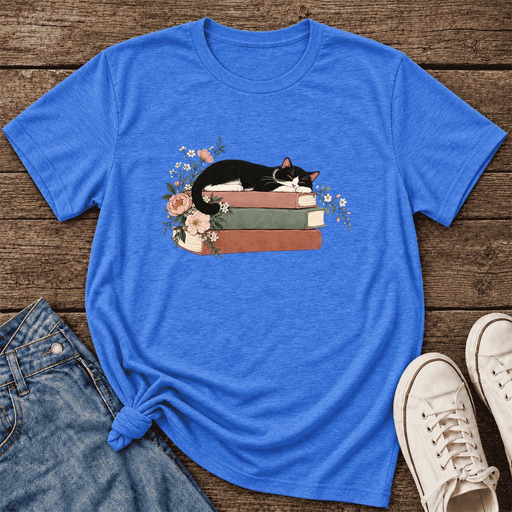 Sleeping Tuxedo Cat On Books Ultra-Soft Cotton T-Shirt | Cat Lover Reader Gift Heather True Royal
