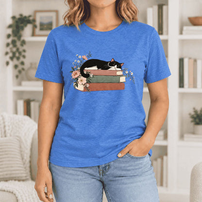 Sleeping Tuxedo Cat On Books Ultra-Soft Cotton T-Shirt | Cat Lover Reader Gift Heather True Royal