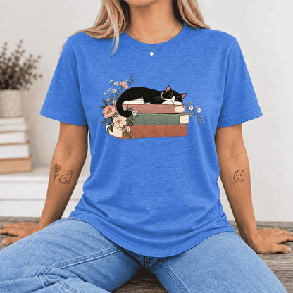 Sleeping Tuxedo Cat On Books Ultra-Soft Cotton T-Shirt | Cat Lover Reader Gift Heather True Royal