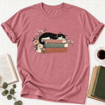 Sleeping Tuxedo Cat On Books Ultra-Soft Cotton T-Shirt | Cat Lover Reader Gift Mauve