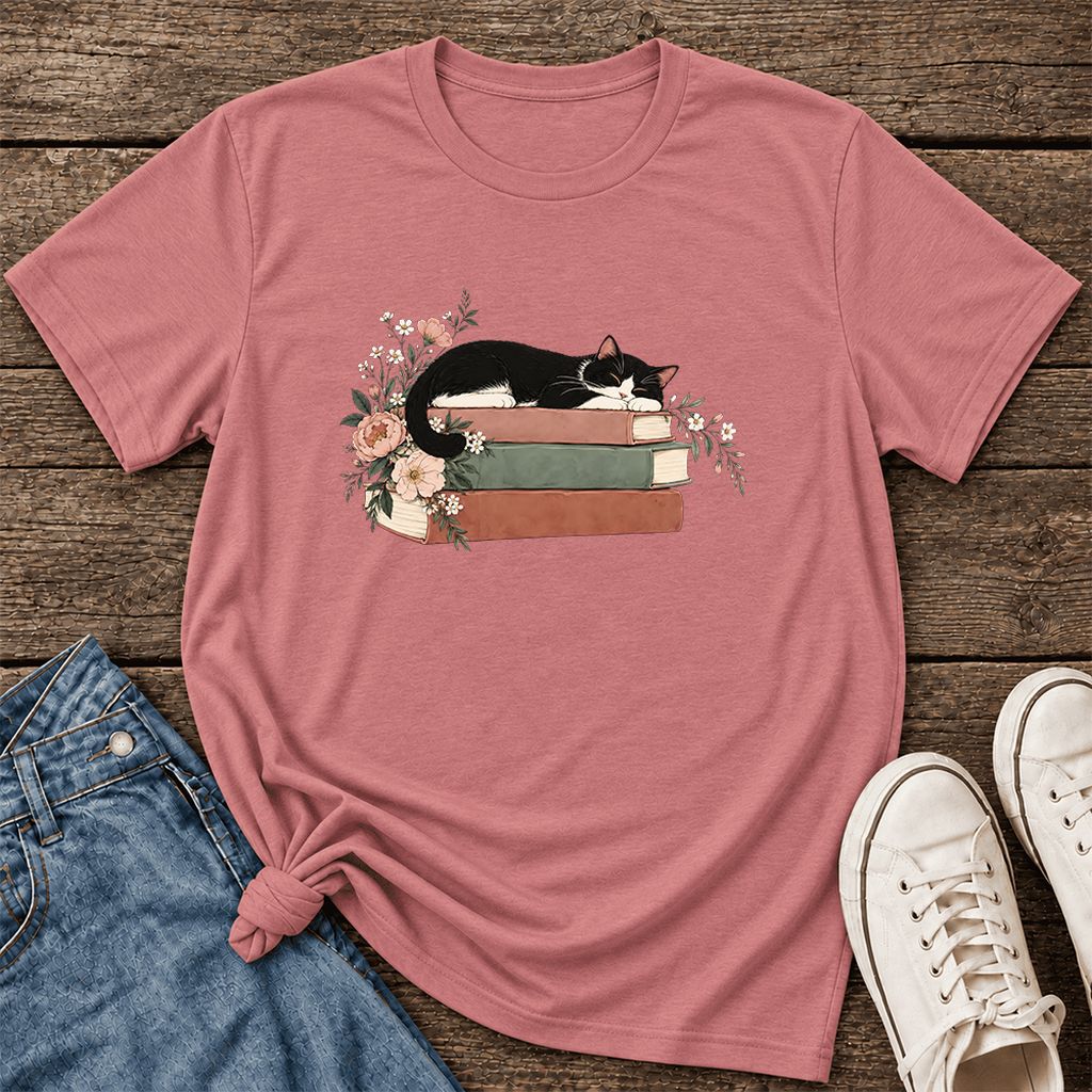 Sleeping Tuxedo Cat On Books Ultra-Soft Cotton T-Shirt | Cat Lover Reader Gift Mauve