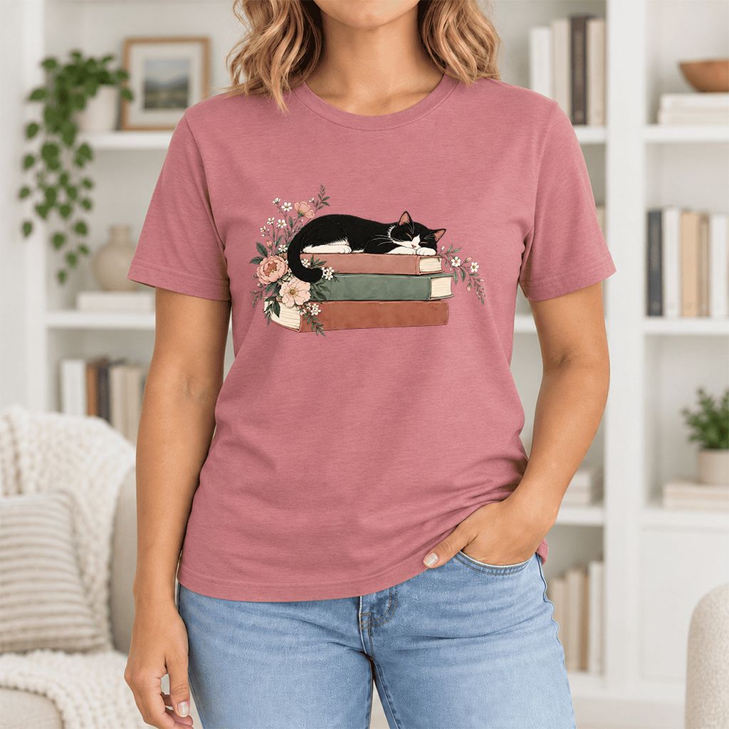 Sleeping Tuxedo Cat On Books Ultra-Soft Cotton T-Shirt | Cat Lover Reader Gift Mauve