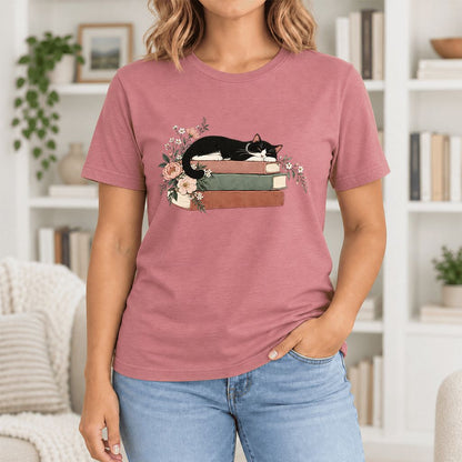 Sleeping Tuxedo Cat On Books Ultra-Soft Cotton T-Shirt | Cat Lover Reader Gift Mauve