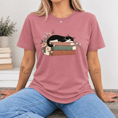 Sleeping Tuxedo Cat On Books Ultra-Soft Cotton T-Shirt | Cat Lover Reader Gift Mauve