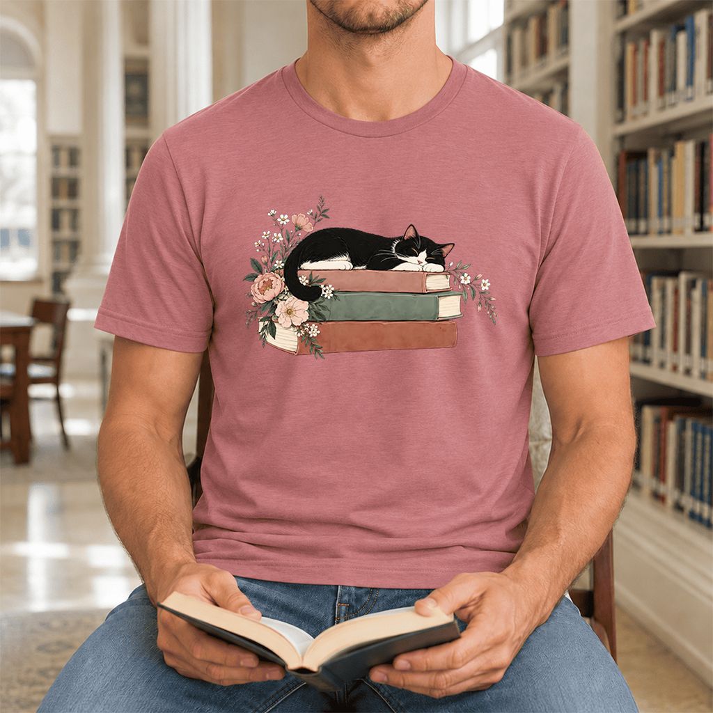 Sleeping Tuxedo Cat On Books Ultra-Soft Cotton T-Shirt | Cat Lover Reader Gift Mauve