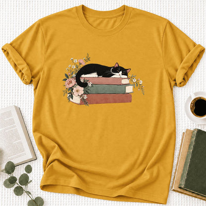 Sleeping Tuxedo Cat On Books Ultra-Soft Cotton T-Shirt | Cat Lover Reader Gift Mustard