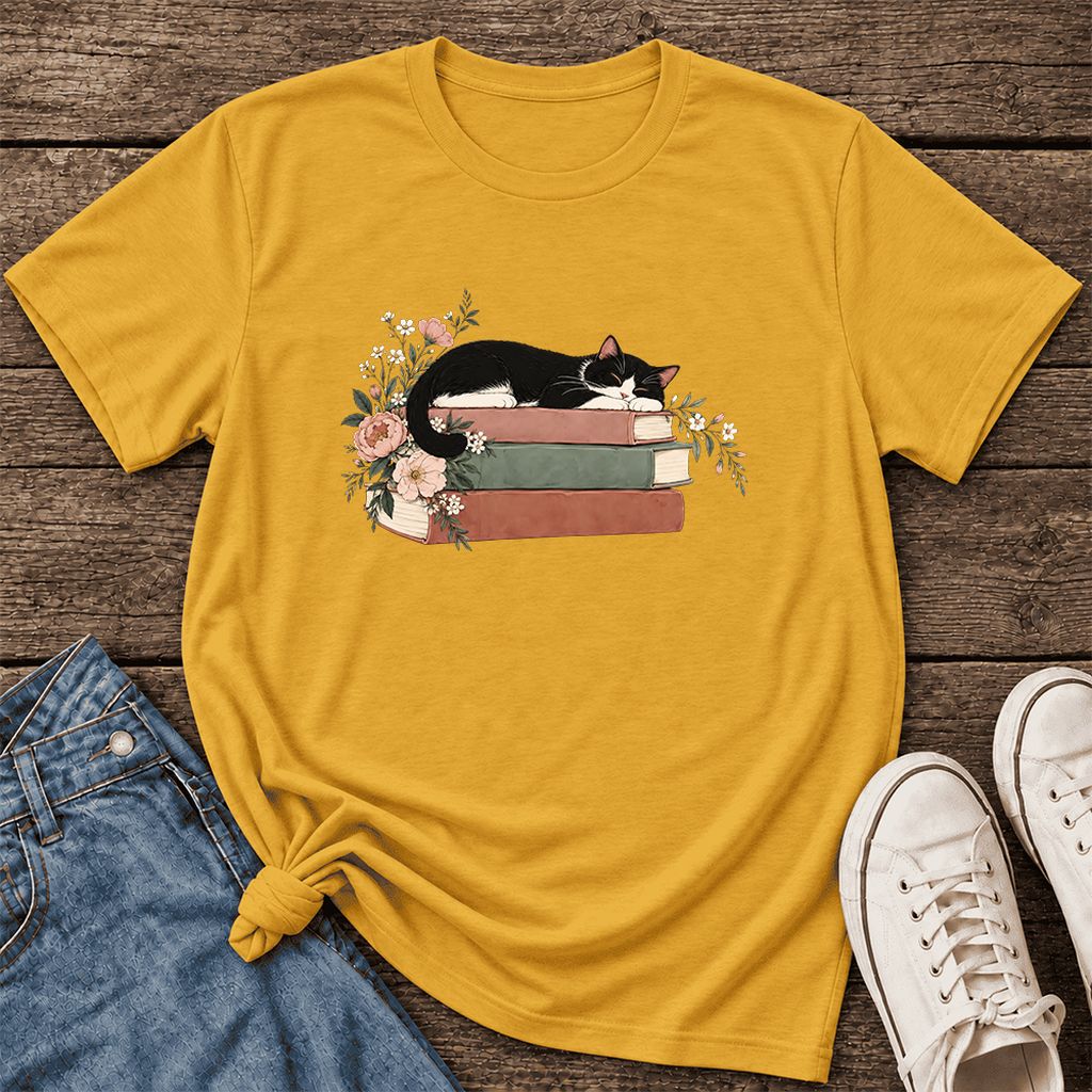 Sleeping Tuxedo Cat On Books Ultra-Soft Cotton T-Shirt | Cat Lover Reader Gift Mustard