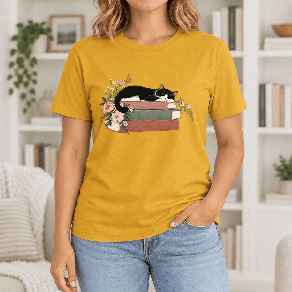 Sleeping Tuxedo Cat On Books Ultra-Soft Cotton T-Shirt | Cat Lover Reader Gift Mustard