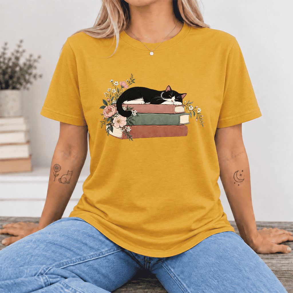 Sleeping Tuxedo Cat On Books Ultra-Soft Cotton T-Shirt | Cat Lover Reader Gift Mustard