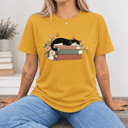 Sleeping Tuxedo Cat On Books Ultra-Soft Cotton T-Shirt | Cat Lover Reader Gift Mustard