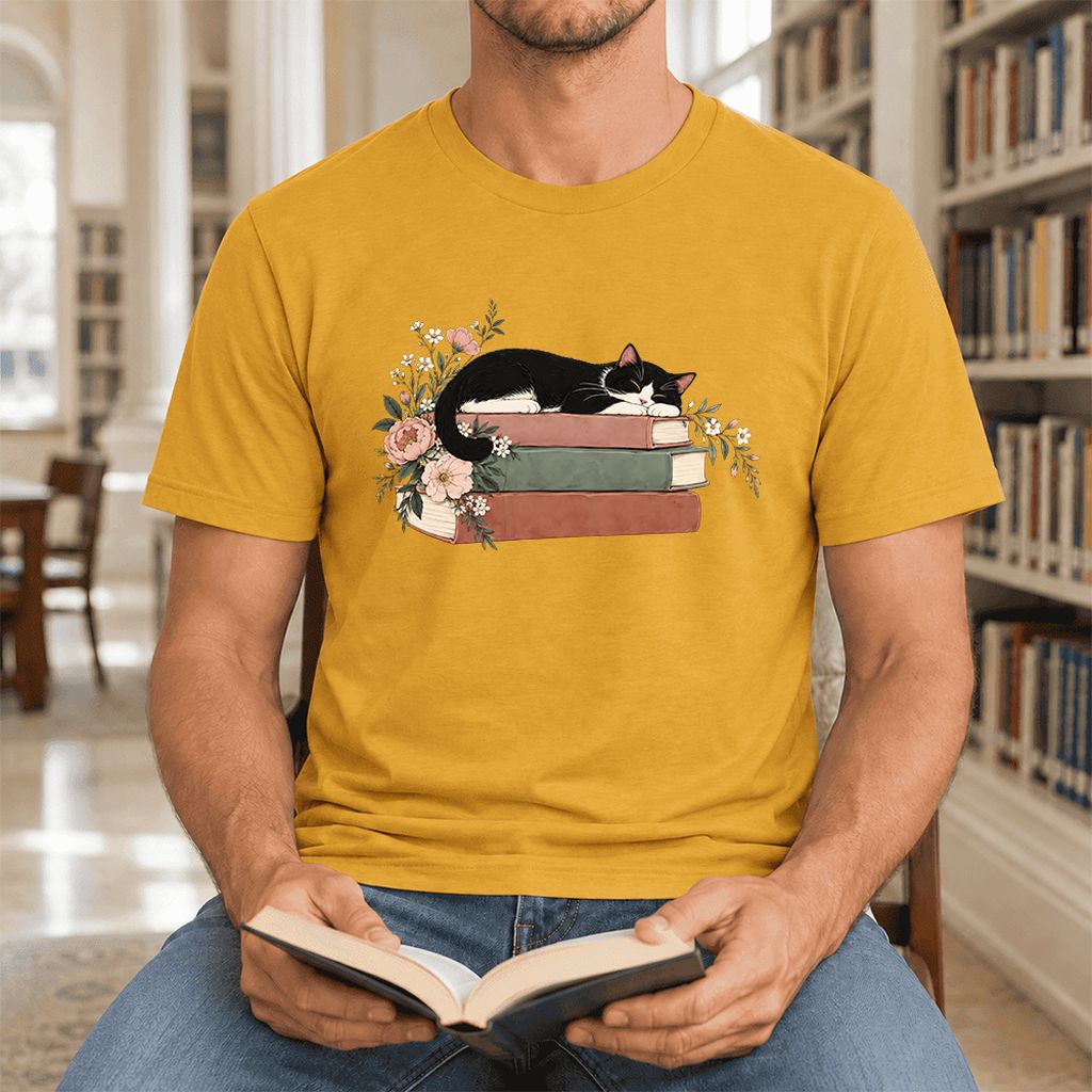 Sleeping Tuxedo Cat On Books Ultra-Soft Cotton T-Shirt | Cat Lover Reader Gift Mustard