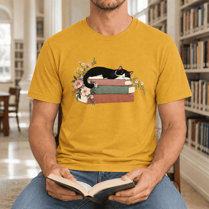Sleeping Tuxedo Cat On Books Ultra-Soft Cotton T-Shirt | Cat Lover Reader Gift Mustard