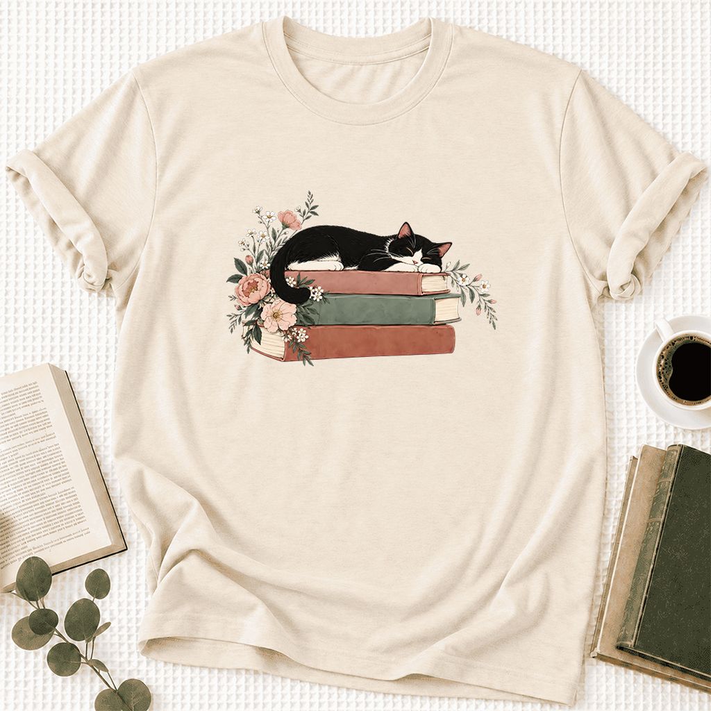 Sleeping Tuxedo Cat On Books Ultra-Soft Cotton T-Shirt | Cat Lover Reader Gift Natural