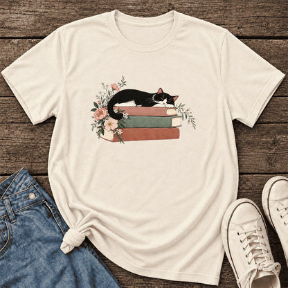 Sleeping Tuxedo Cat On Books Ultra-Soft Cotton T-Shirt | Cat Lover Reader Gift Natural