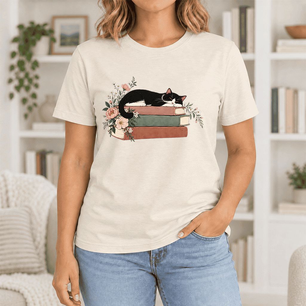 Sleeping Tuxedo Cat On Books Ultra-Soft Cotton T-Shirt | Cat Lover Reader Gift Natural