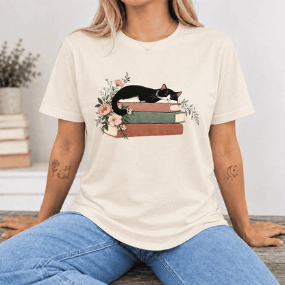 Sleeping Tuxedo Cat On Books Ultra-Soft Cotton T-Shirt | Cat Lover Reader Gift Natural