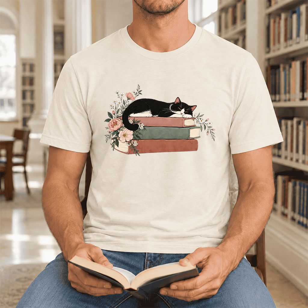 Sleeping Tuxedo Cat On Books Ultra-Soft Cotton T-Shirt | Cat Lover Reader Gift Natural
