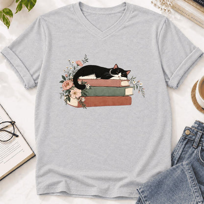 Sleeping Tuxedo Cat On Books Ultra-Soft V-Neck | Cat Lover Reader Gift Ash