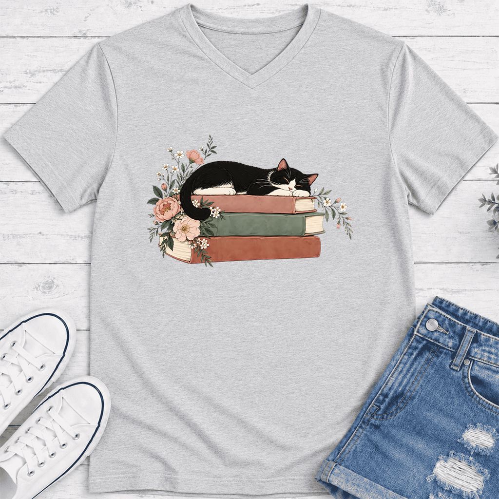 Sleeping Tuxedo Cat On Books Ultra-Soft V-Neck | Cat Lover Reader Gift Ash