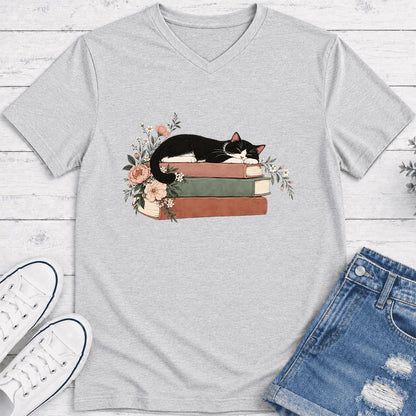 Sleeping Tuxedo Cat On Books Ultra-Soft V-Neck | Cat Lover Reader Gift Ash