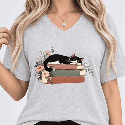 Sleeping Tuxedo Cat On Books Ultra-Soft V-Neck | Cat Lover Reader Gift Ash