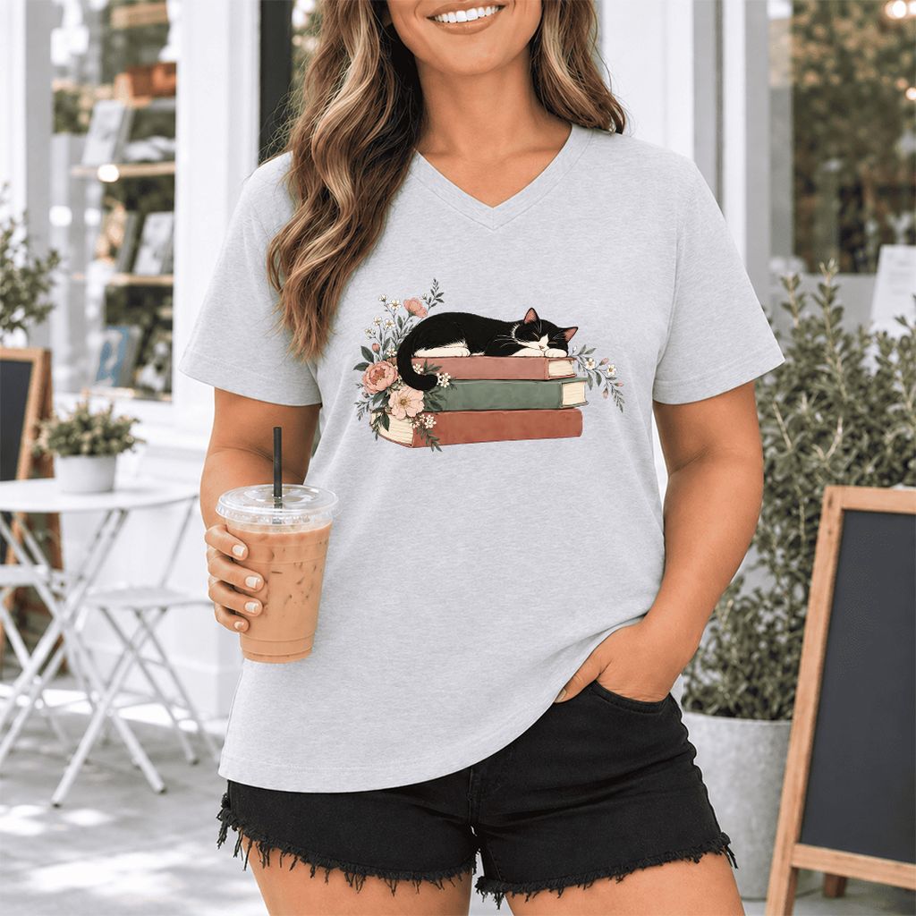 Sleeping Tuxedo Cat On Books Ultra-Soft V-Neck | Cat Lover Reader Gift Ash