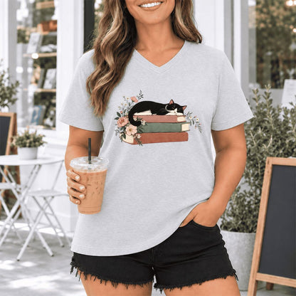 Sleeping Tuxedo Cat On Books Ultra-Soft V-Neck | Cat Lover Reader Gift Ash
