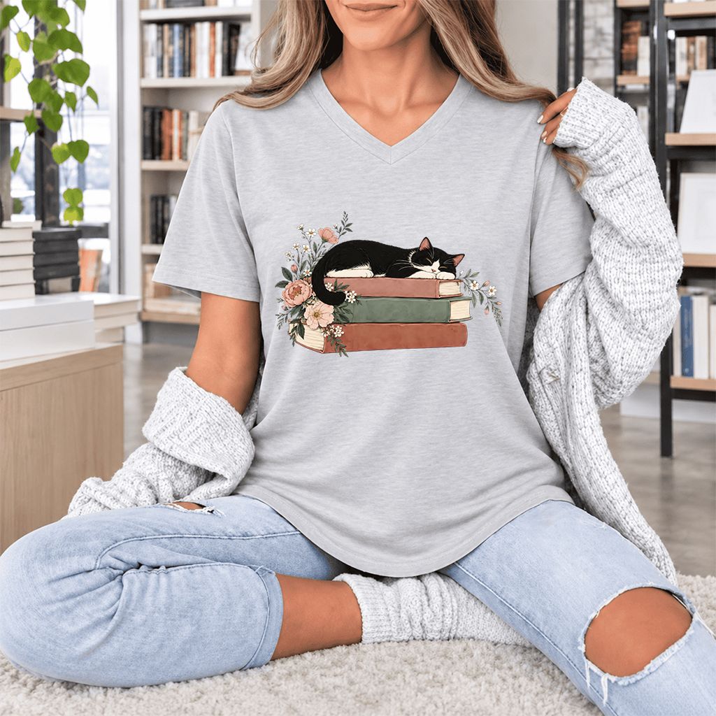 Sleeping Tuxedo Cat On Books Ultra-Soft V-Neck | Cat Lover Reader Gift Ash