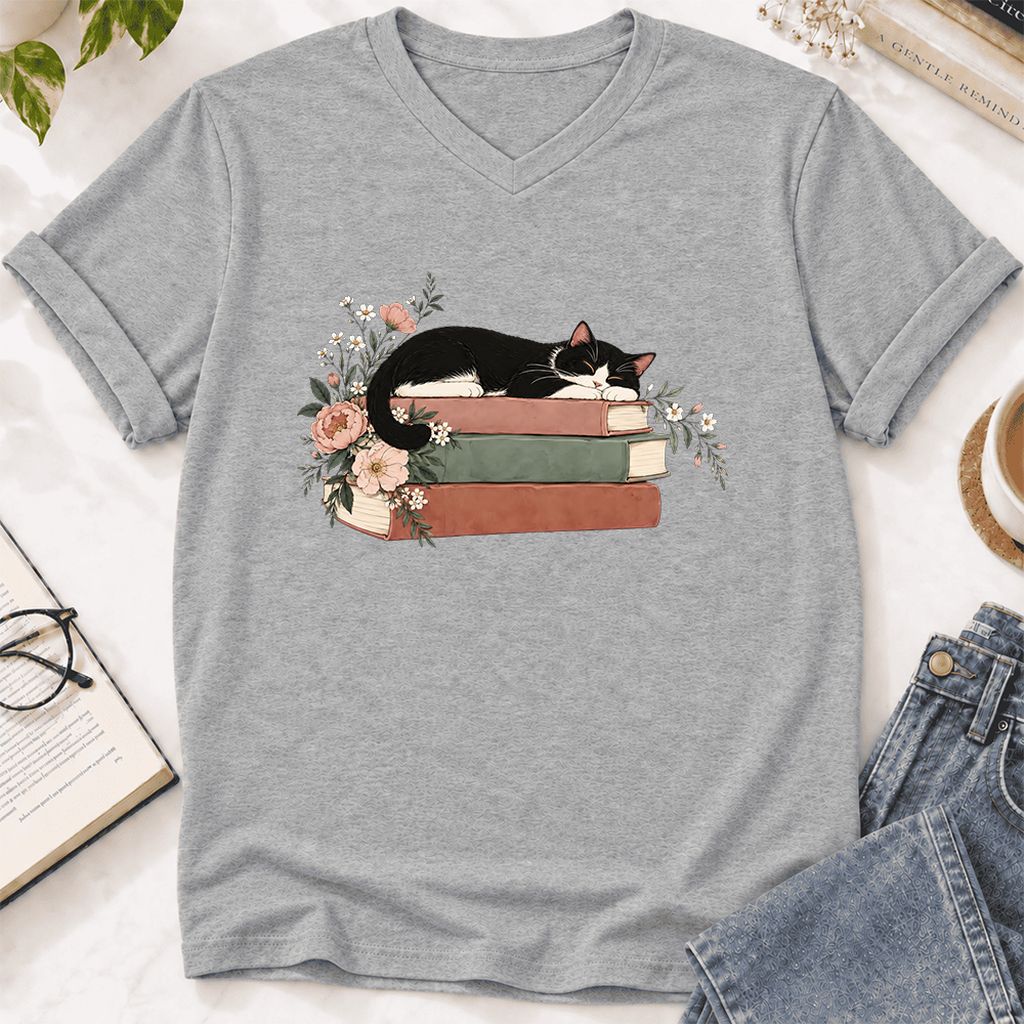 Sleeping Tuxedo Cat On Books Ultra-Soft V-Neck | Cat Lover Reader Gift Athletic Heather