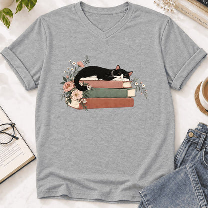 Sleeping Tuxedo Cat On Books Ultra-Soft V-Neck | Cat Lover Reader Gift Athletic Heather
