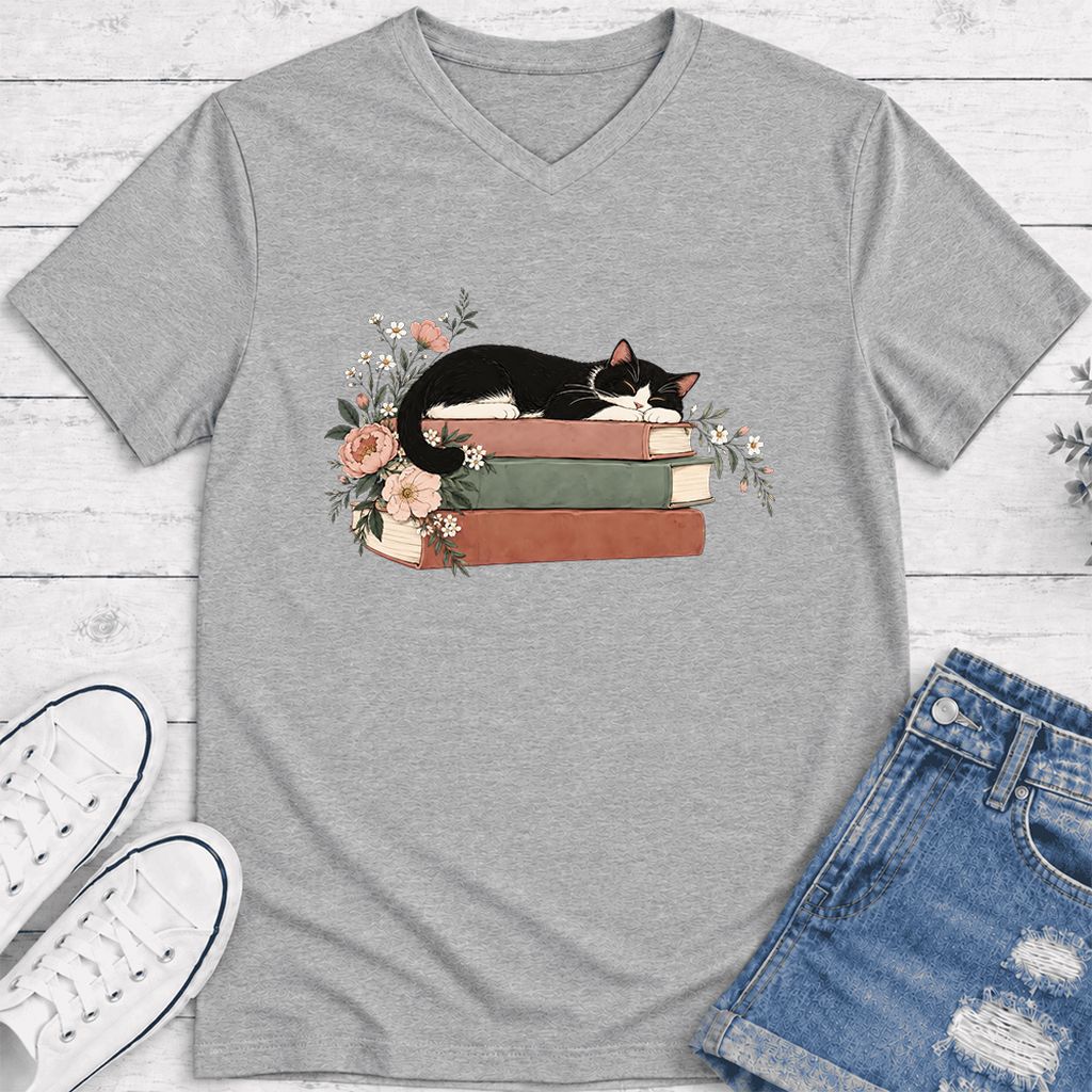 Sleeping Tuxedo Cat On Books Ultra-Soft V-Neck | Cat Lover Reader Gift Athletic Heather