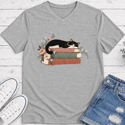 Sleeping Tuxedo Cat On Books Ultra-Soft V-Neck | Cat Lover Reader Gift Athletic Heather