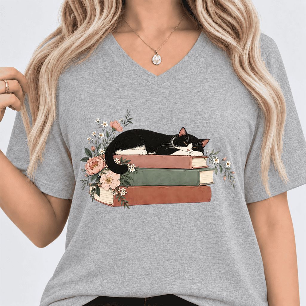 Sleeping Tuxedo Cat On Books Ultra-Soft V-Neck | Cat Lover Reader Gift Athletic Heather