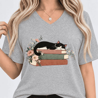 Sleeping Tuxedo Cat On Books Ultra-Soft V-Neck | Cat Lover Reader Gift Athletic Heather