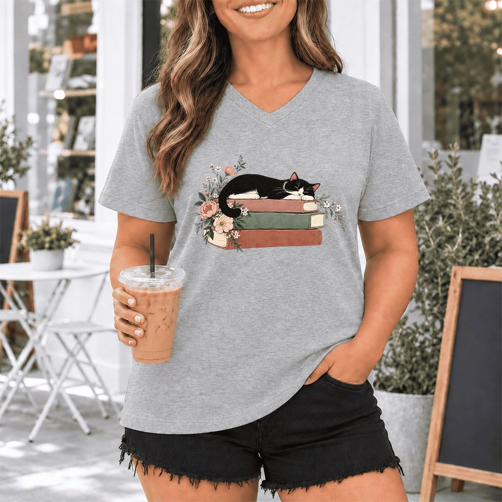 Sleeping Tuxedo Cat On Books Ultra-Soft V-Neck | Cat Lover Reader Gift Athletic Heather