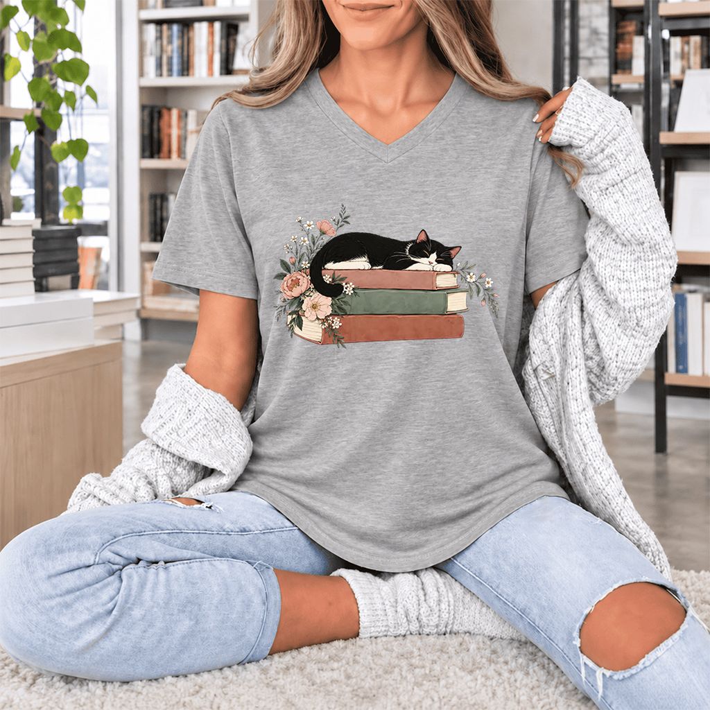 Sleeping Tuxedo Cat On Books Ultra-Soft V-Neck | Cat Lover Reader Gift Athletic Heather