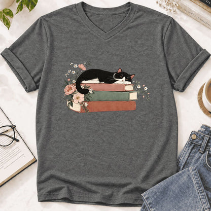 Sleeping Tuxedo Cat On Books Ultra-Soft V-Neck | Cat Lover Reader Gift Deep Heather