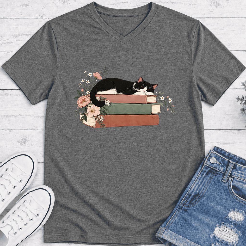 Sleeping Tuxedo Cat On Books Ultra-Soft V-Neck | Cat Lover Reader Gift Deep Heather
