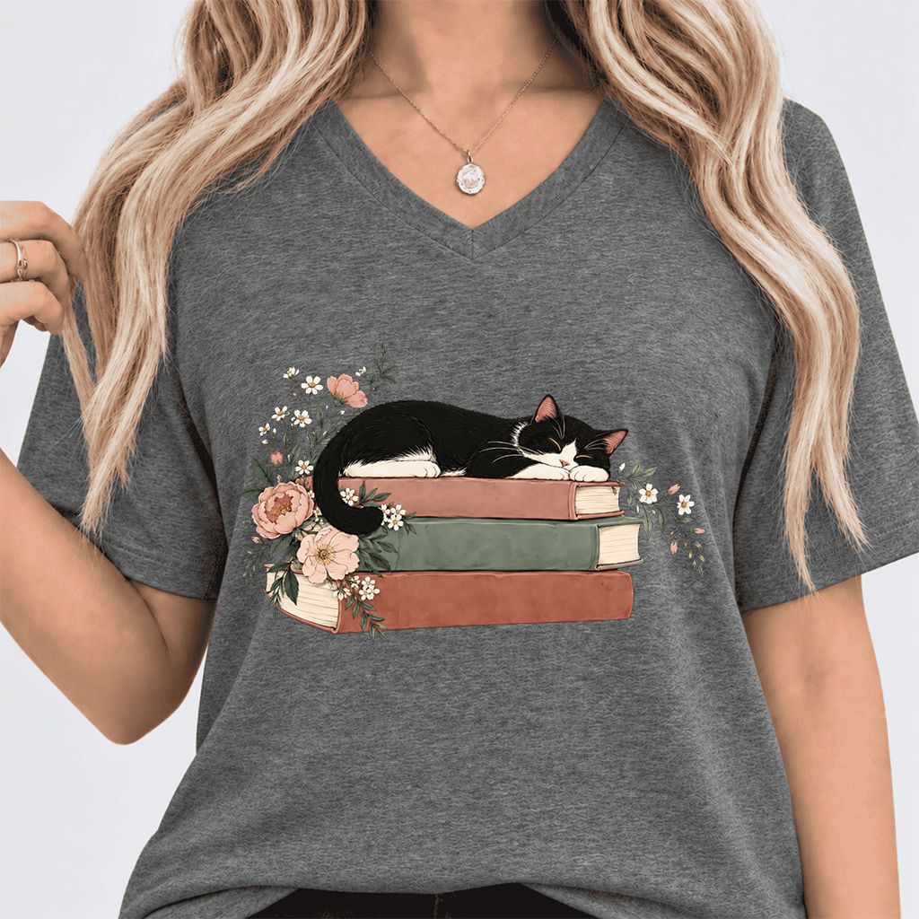 Sleeping Tuxedo Cat On Books Ultra-Soft V-Neck | Cat Lover Reader Gift Deep Heather