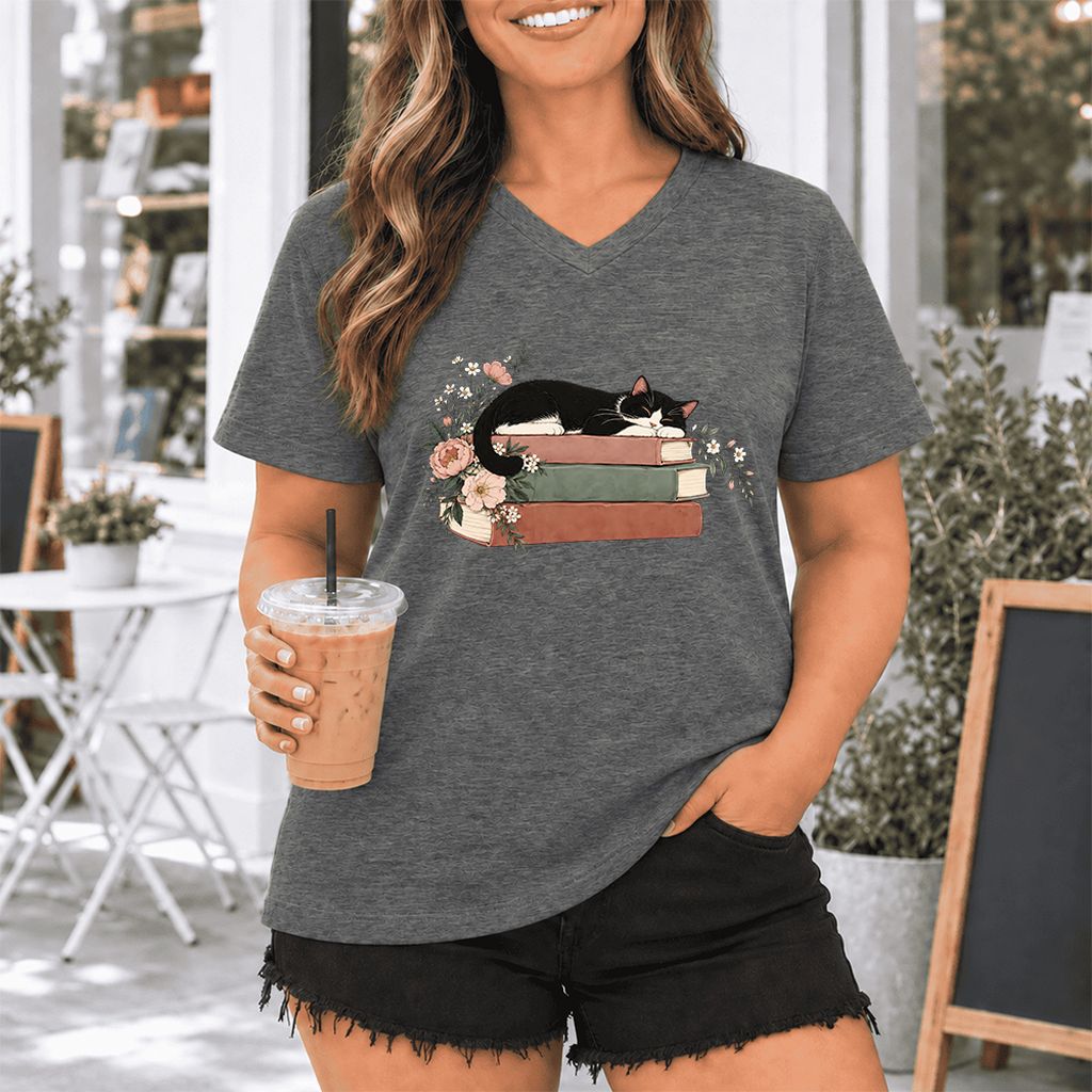 Sleeping Tuxedo Cat On Books Ultra-Soft V-Neck | Cat Lover Reader Gift Deep Heather