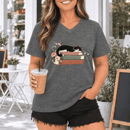 Sleeping Tuxedo Cat On Books Ultra-Soft V-Neck | Cat Lover Reader Gift Deep Heather