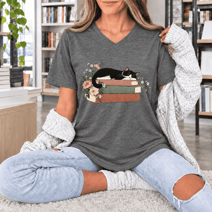 Sleeping Tuxedo Cat On Books Ultra-Soft V-Neck | Cat Lover Reader Gift Deep Heather
