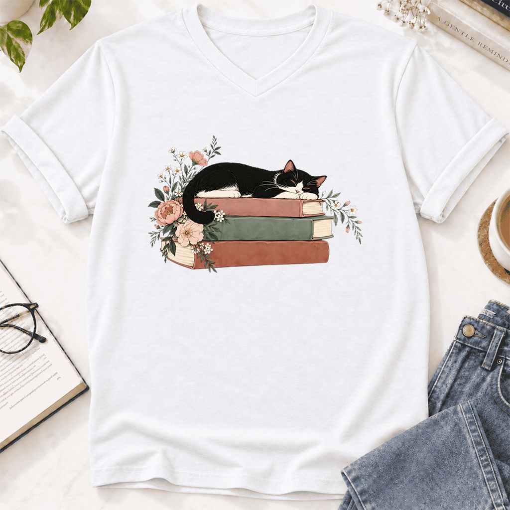 Sleeping Tuxedo Cat On Books Ultra-Soft V-Neck | Cat Lover Reader Gift White