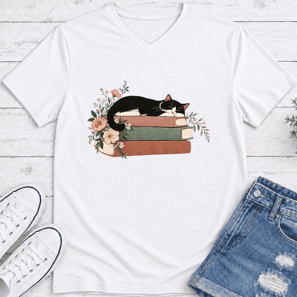 Sleeping Tuxedo Cat On Books Ultra-Soft V-Neck | Cat Lover Reader Gift White