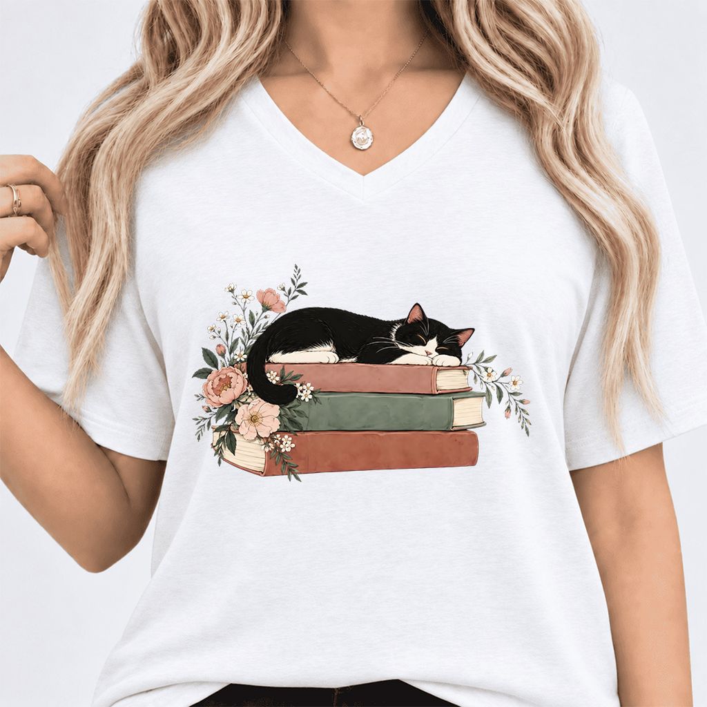 Sleeping Tuxedo Cat On Books Ultra-Soft V-Neck | Cat Lover Reader Gift White