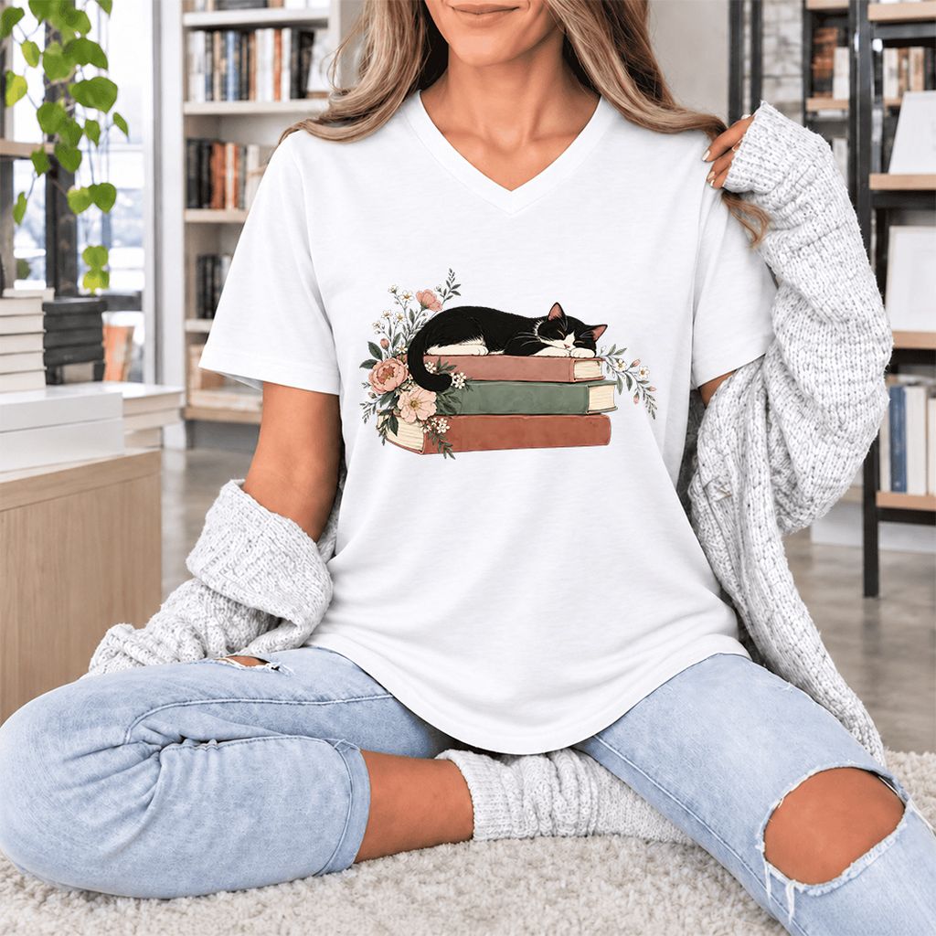 Sleeping Tuxedo Cat On Books Ultra-Soft V-Neck | Cat Lover Reader Gift White